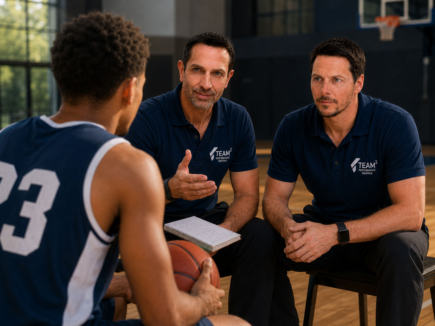 Une demarche partagee. David et Sébastien s'entretiennent avec un basketteur.