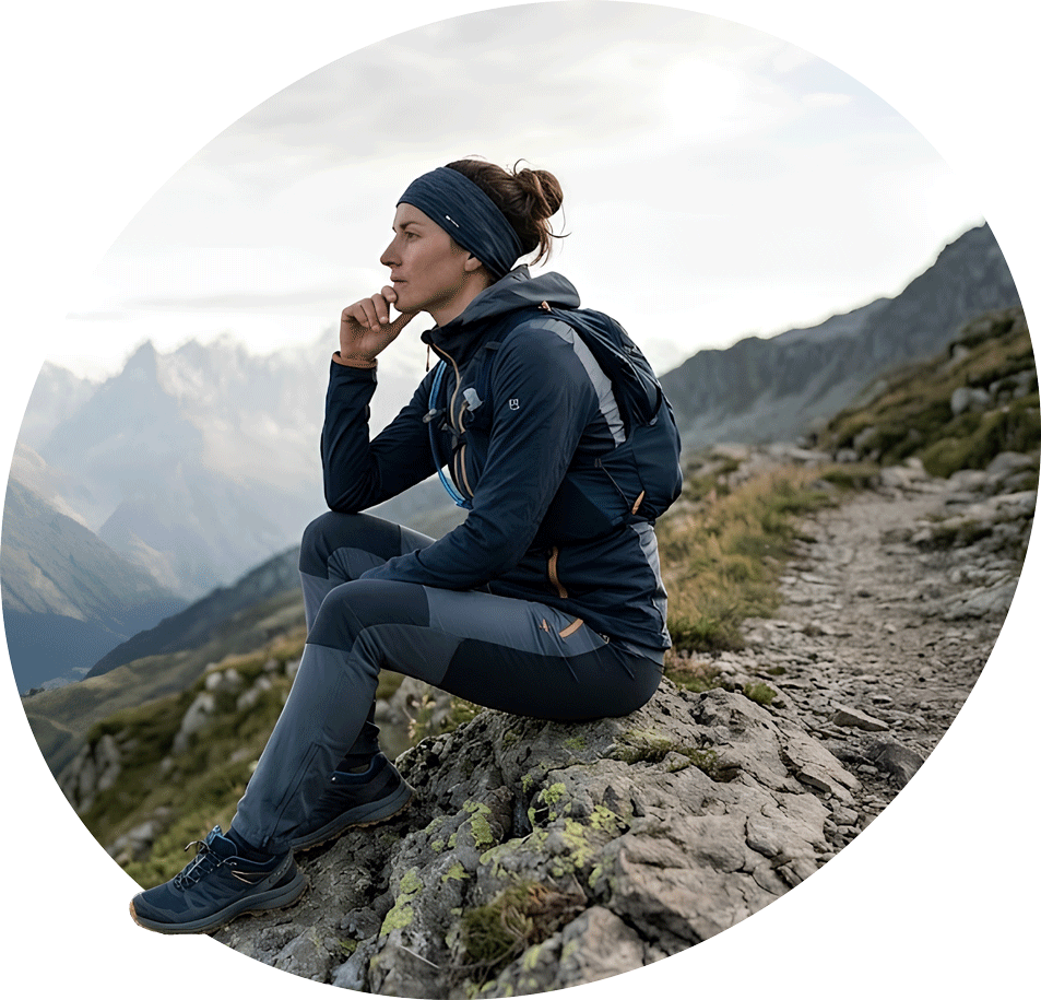 Une sportive assise sur un sentier de montagne, pensive, le regard tourné vers l'horizon