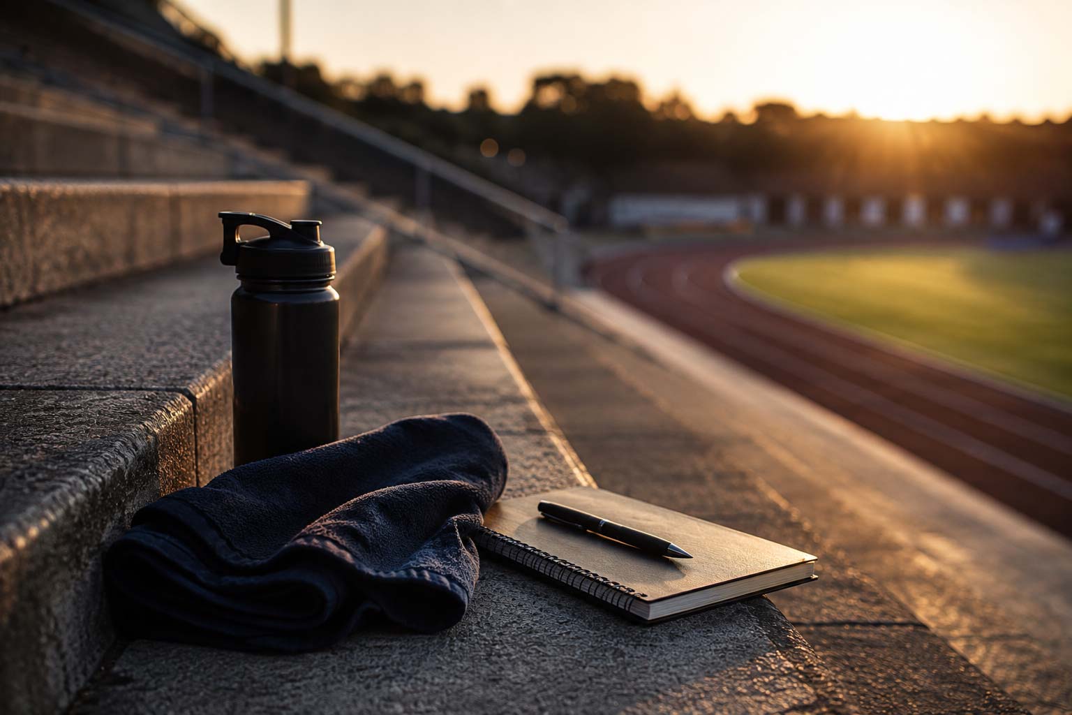 Cahier, stylo et gourde sur le une tribune devant un stade